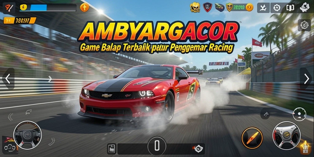 Tampilan gameplay menegangkan di AMBYARGACOR dengan mobil balap yang cepat.