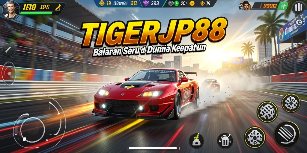 Gameplay menarik dari TIGERJP88 dengan mobil balap di lintasan.
